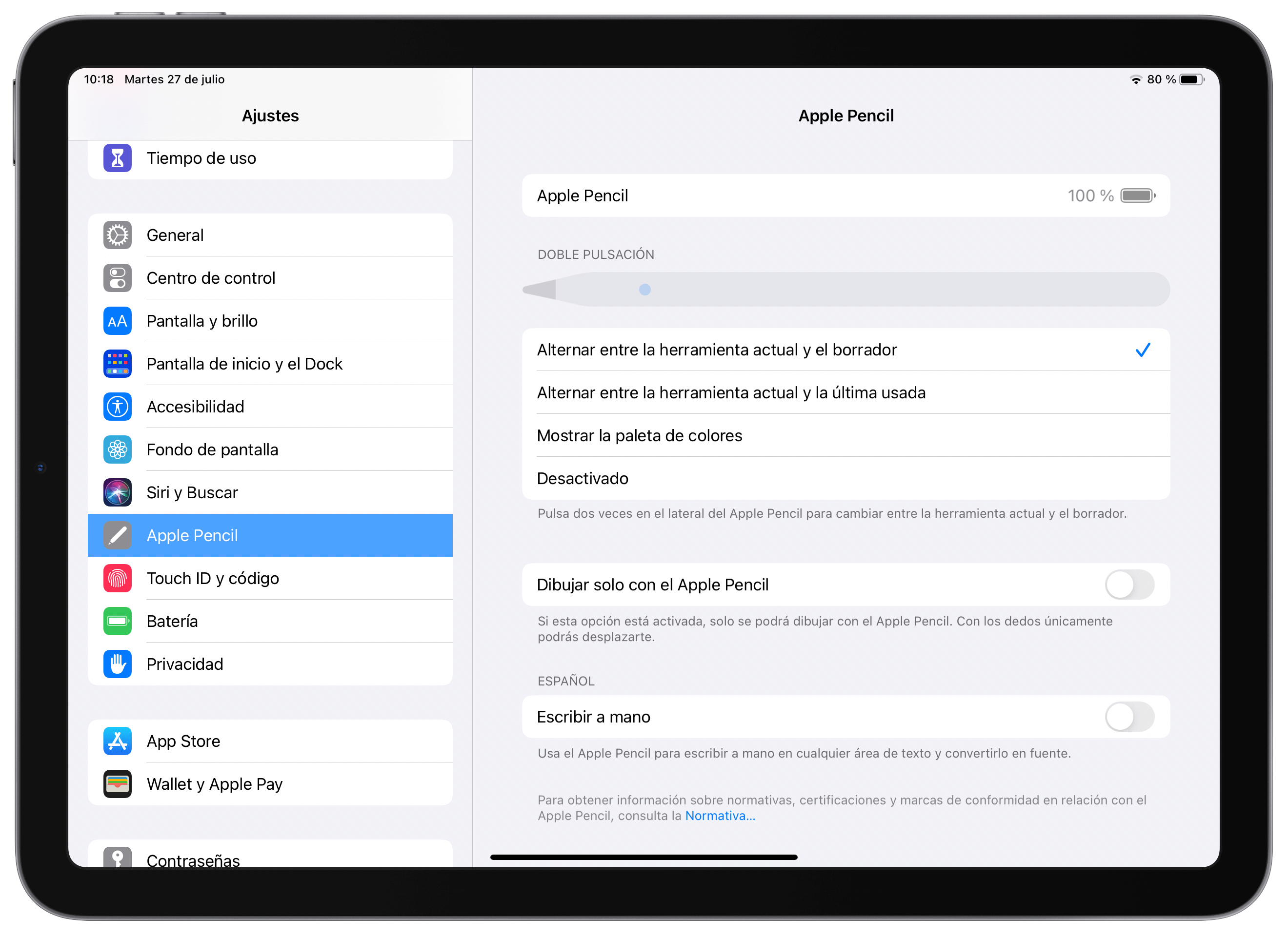 Desactivar escribir a mano en el iPad con Apple Pencil