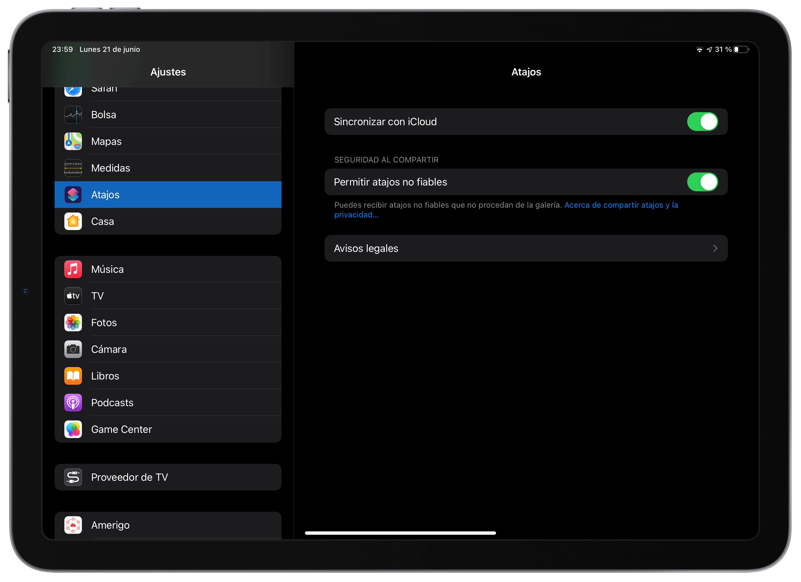 Permitir atajos no fiables en iOS y iPadOS