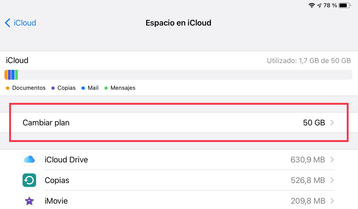 Cambiar el plan de almacenamiento de iCloud