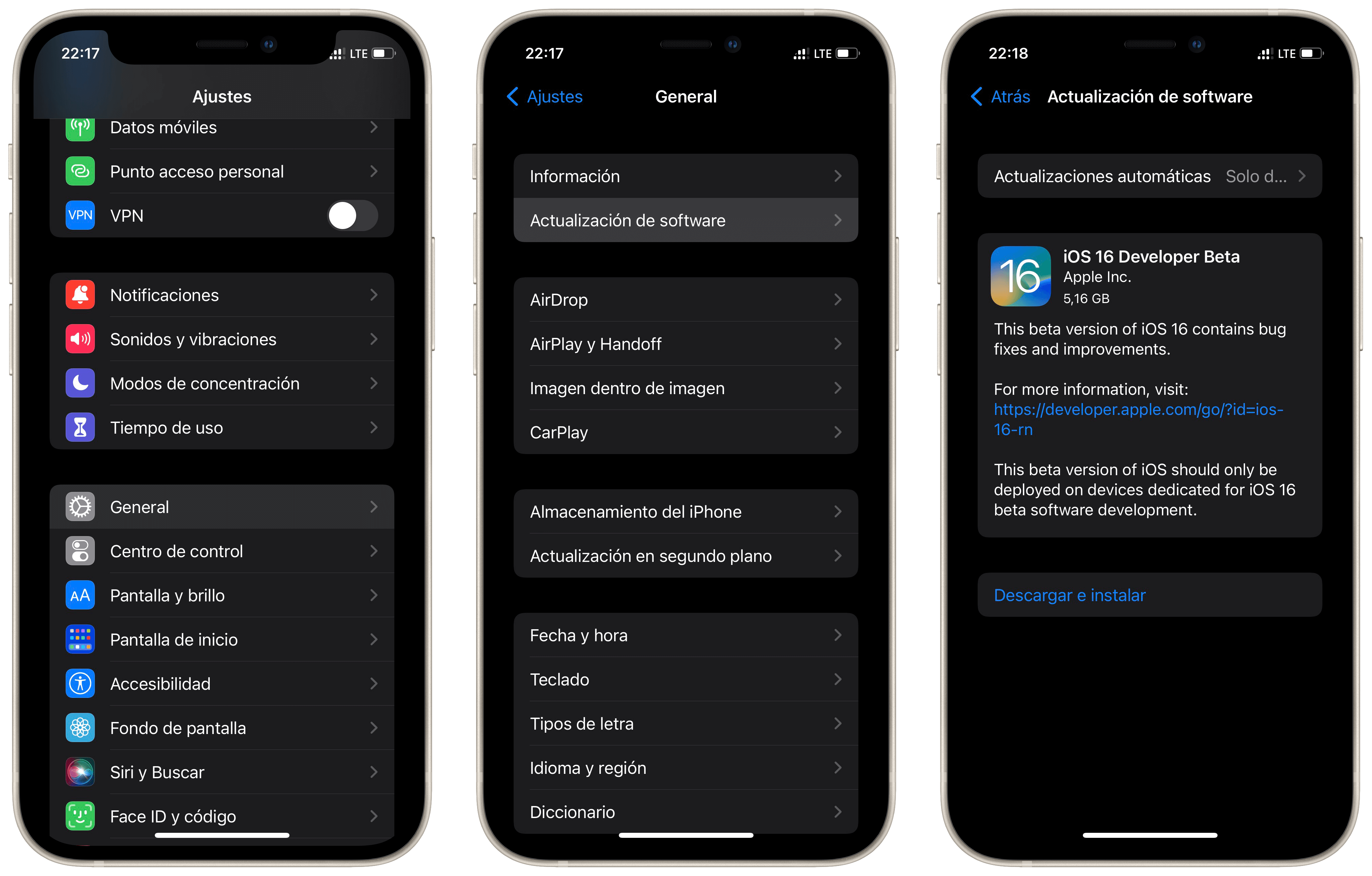 Instalar beta para desarrolladores de iOS 16 en el iPhone Instalar beta para desarrolladores de iOS 16 en el iPhone